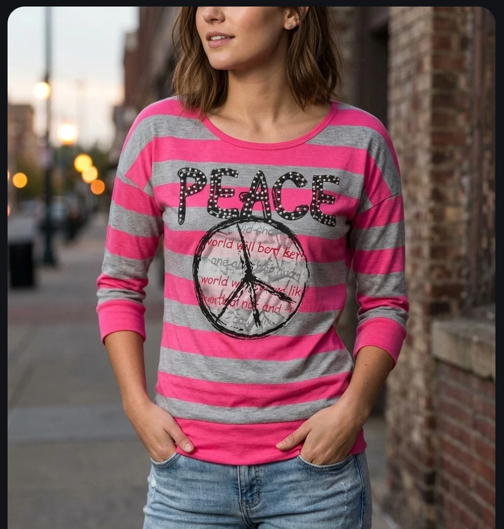Cute  Pink & Grey Striped Peace T-Shirt