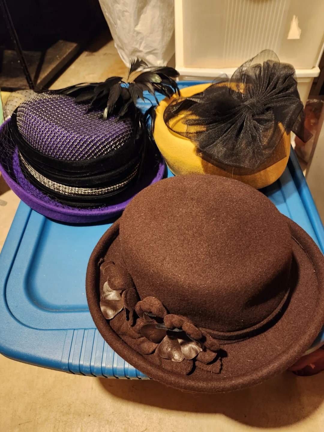 Three Decorative Hats - Brown, Purple, Yellow