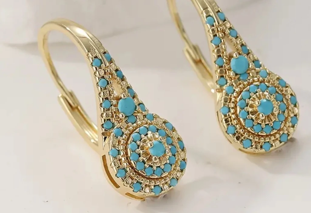 Gold-tone earrings with turquoise accents - photo 2