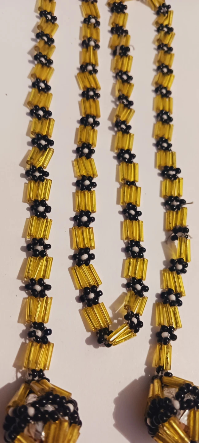 Unique Beaded Lariat Necklace with Gold & Black Flowers