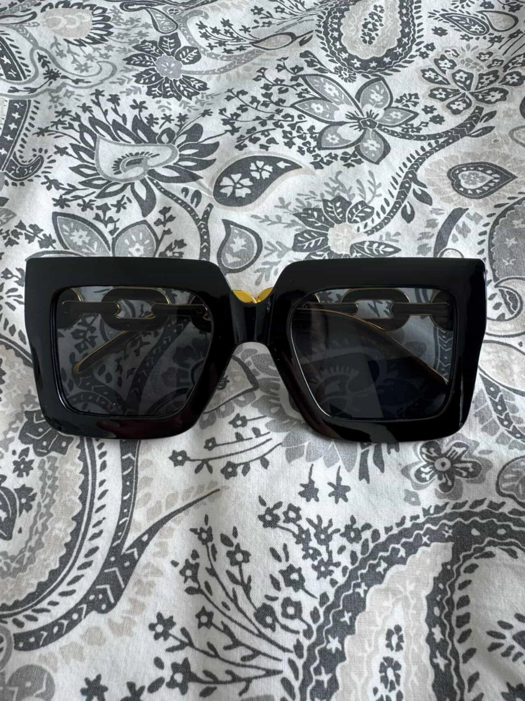 Chunky Black Square Sunglasses with Gold Chain Arms
