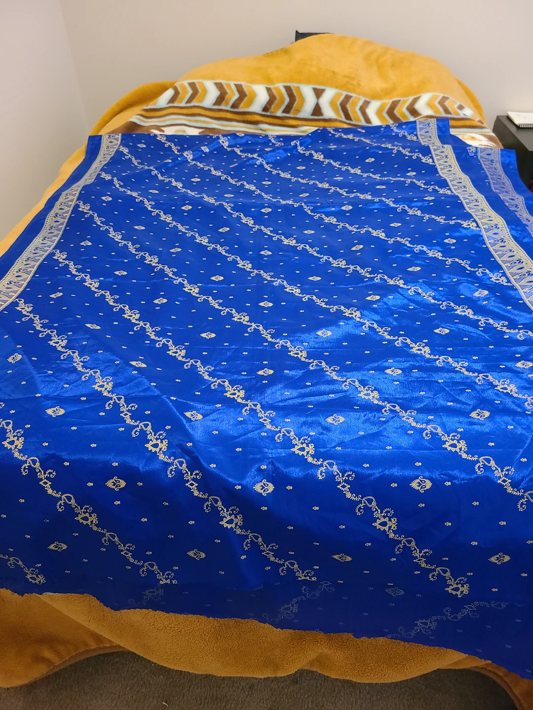 Blue Decorative Fabric with Gold Pattern