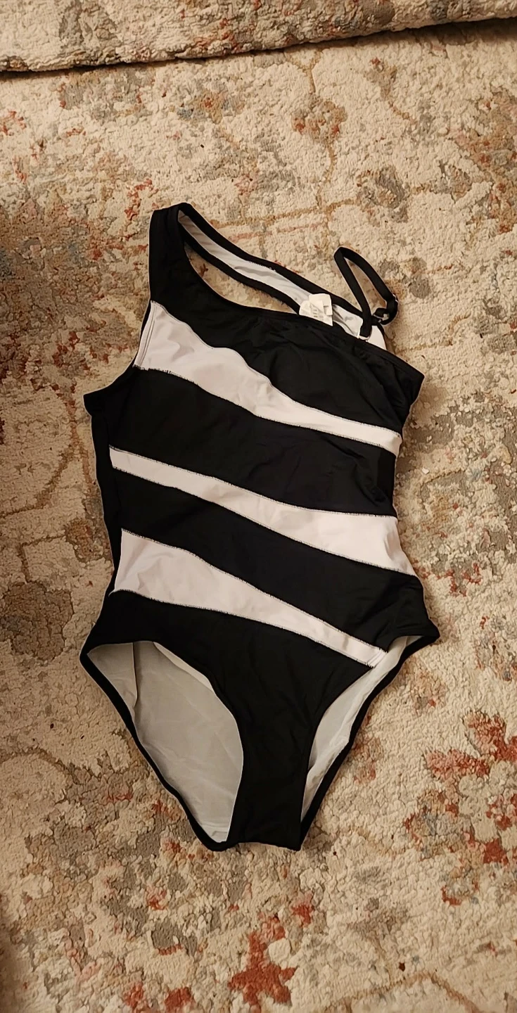 New Black & White Striped One-Piece Swimsuit