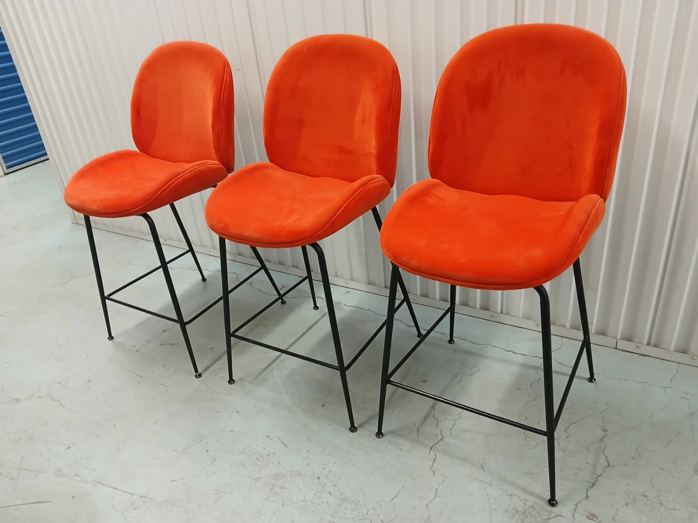 Set of 3 Orange Velvet Bar Stools