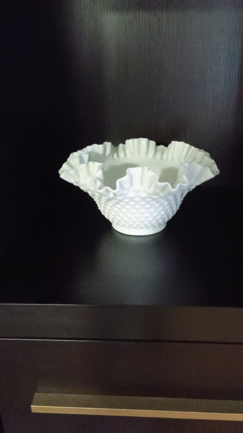 Vintage White Hobnail Milk Glass Bowl with Ruffled Edge