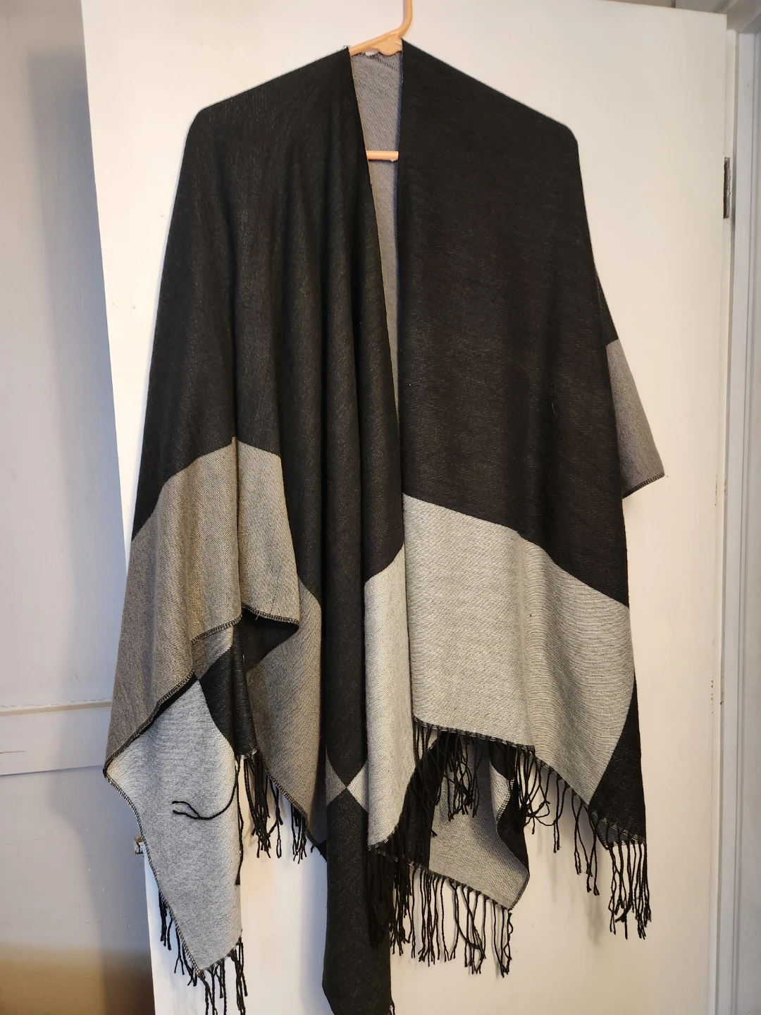 Black and Grey Geometric Patterned Poncho with Fringe