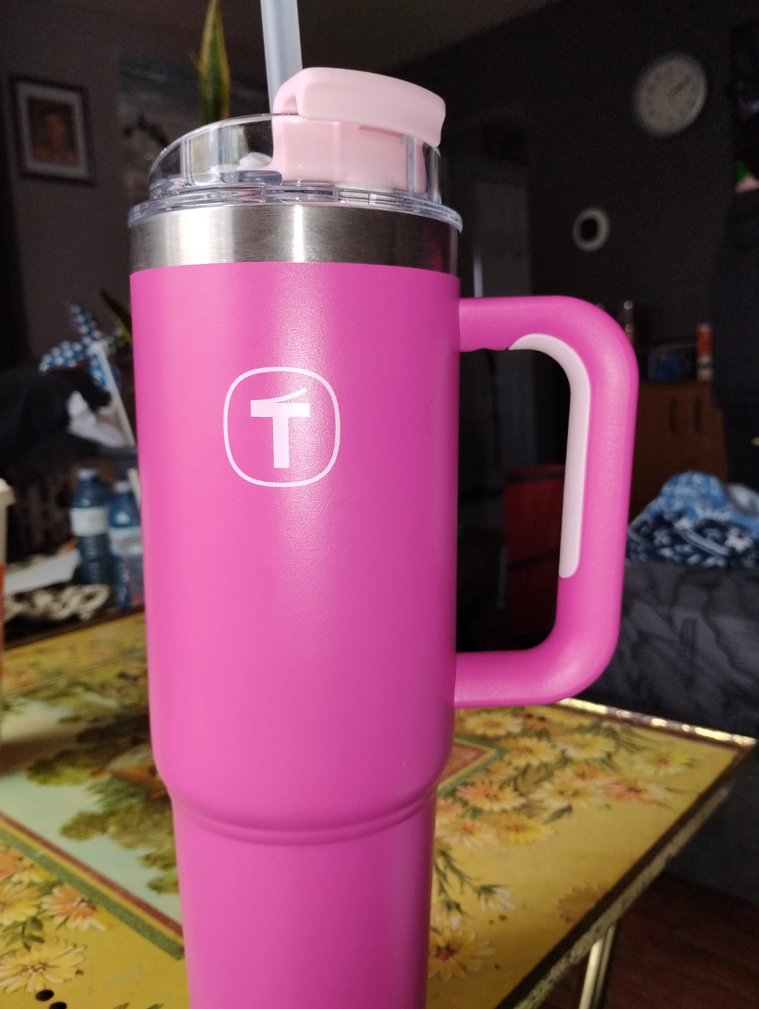 Pink Tumbler with Handle and Straw