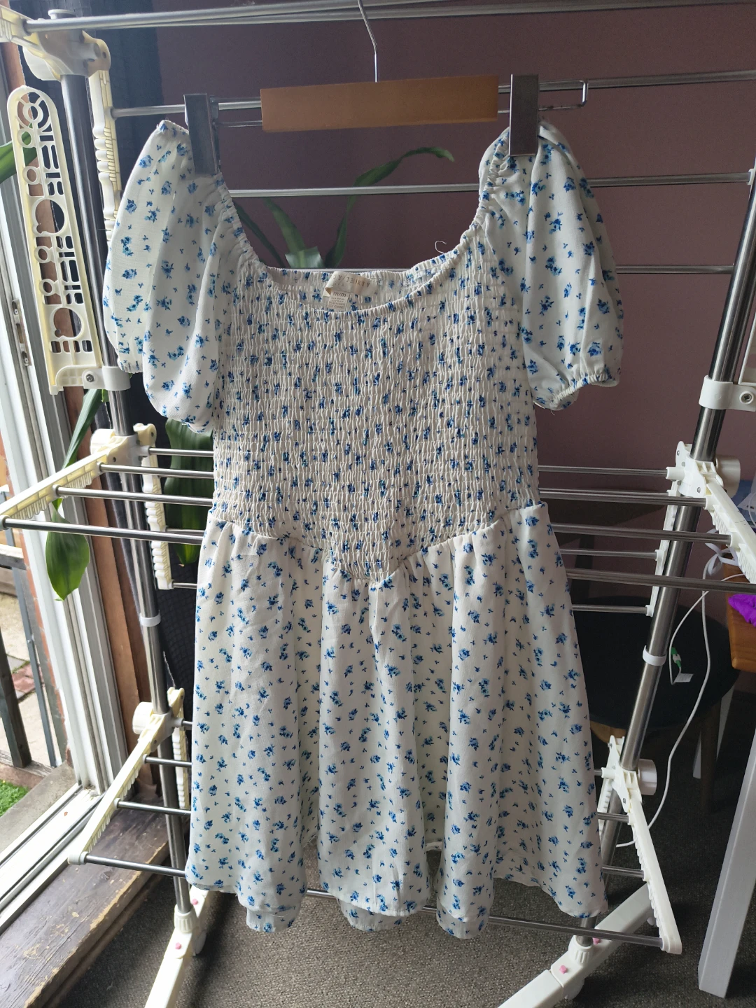 White and Blue Floral Smocked Dress