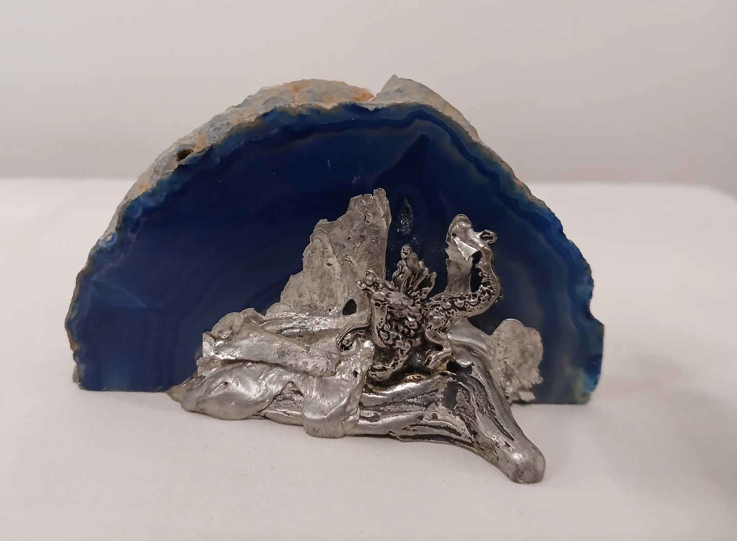 Metal Dragon Sculpture on Blue Agate Geode. Pick up only.
