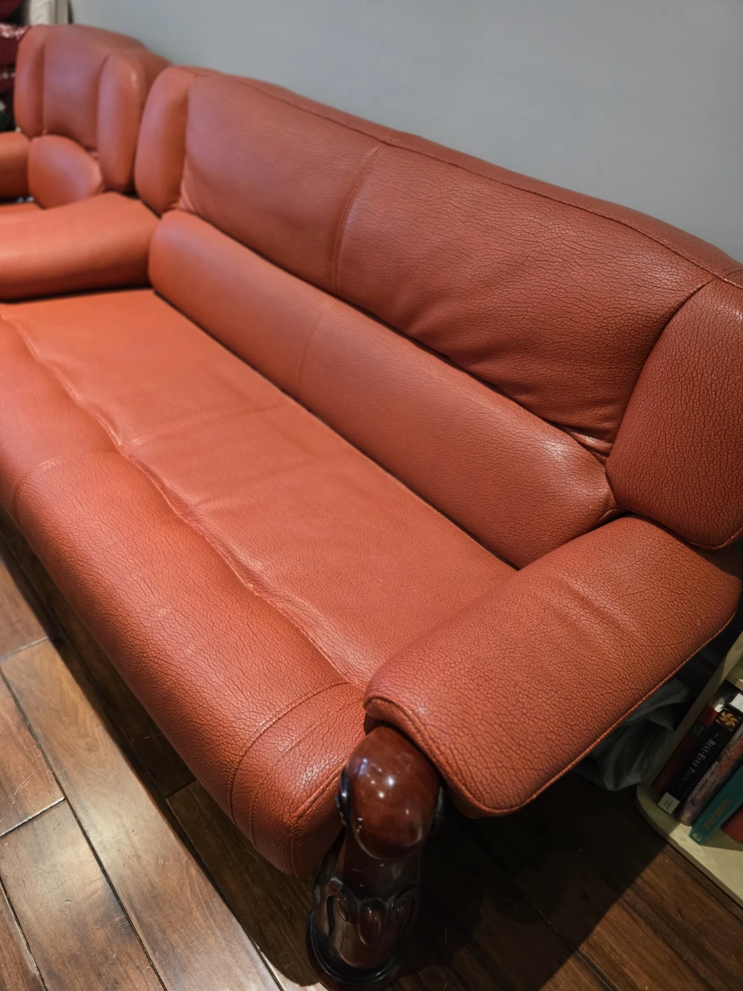 Red Leather Sofa with Wooden Accents - photo 2