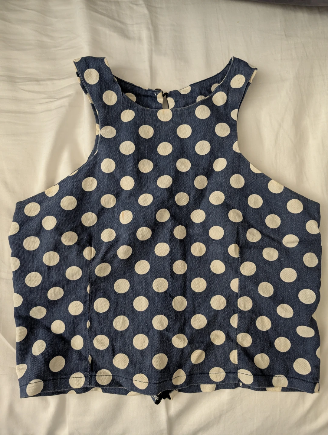 Blue and White Polka Dot Sleeveless Halter neck crop top