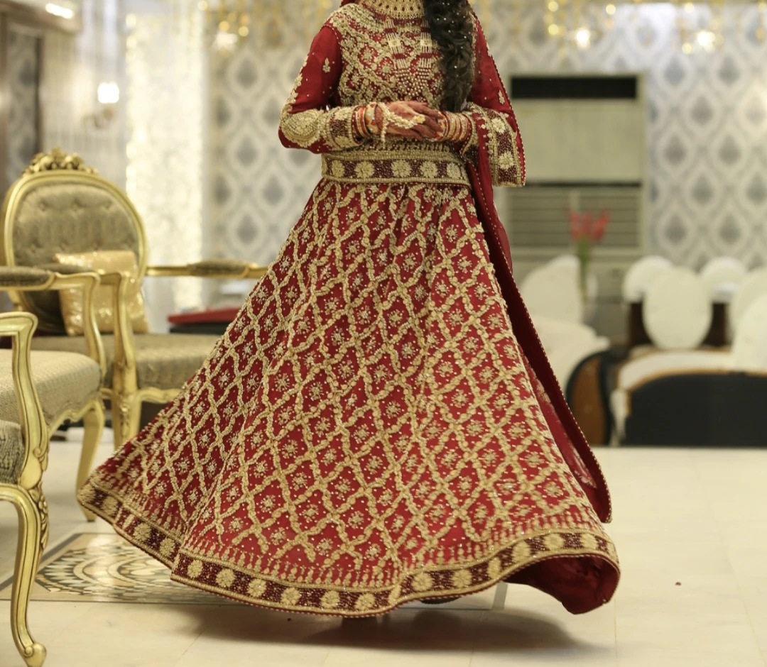 Red Bridal Wedding Dress (Lehenga) with Gold Hand Embroidery