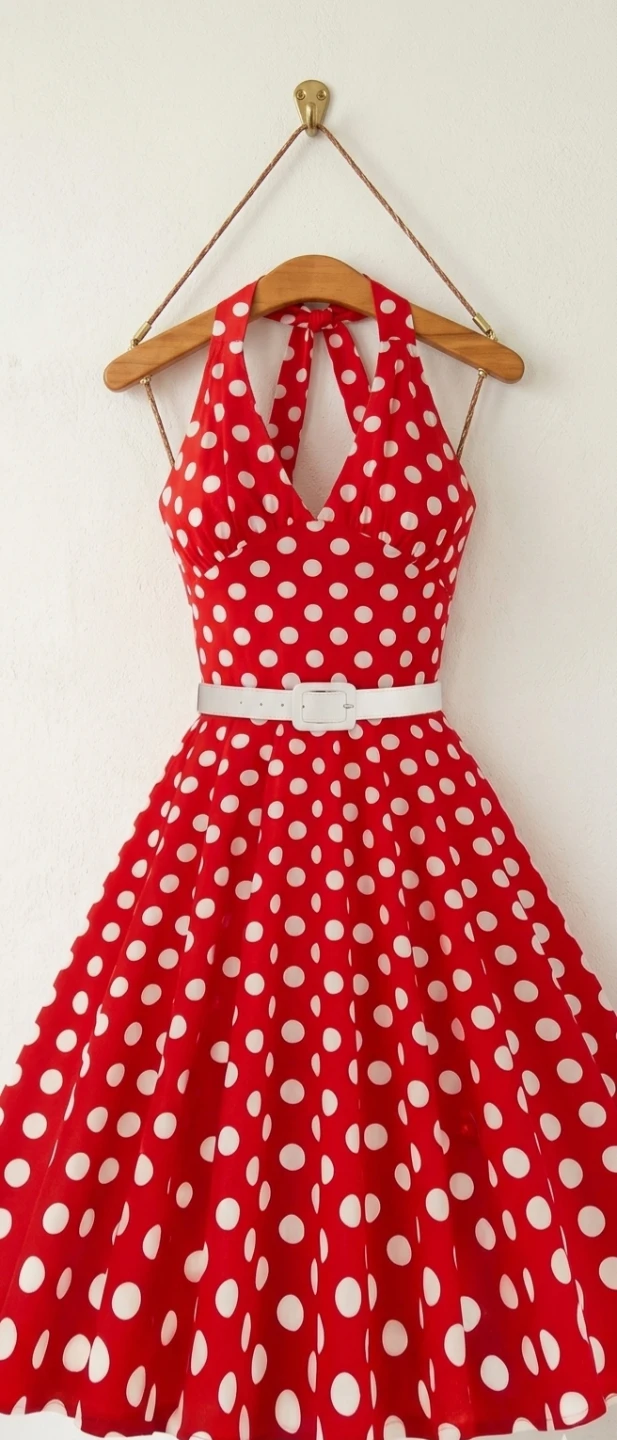Red Polka Dot Halter Dress with White Belt - photo 2
