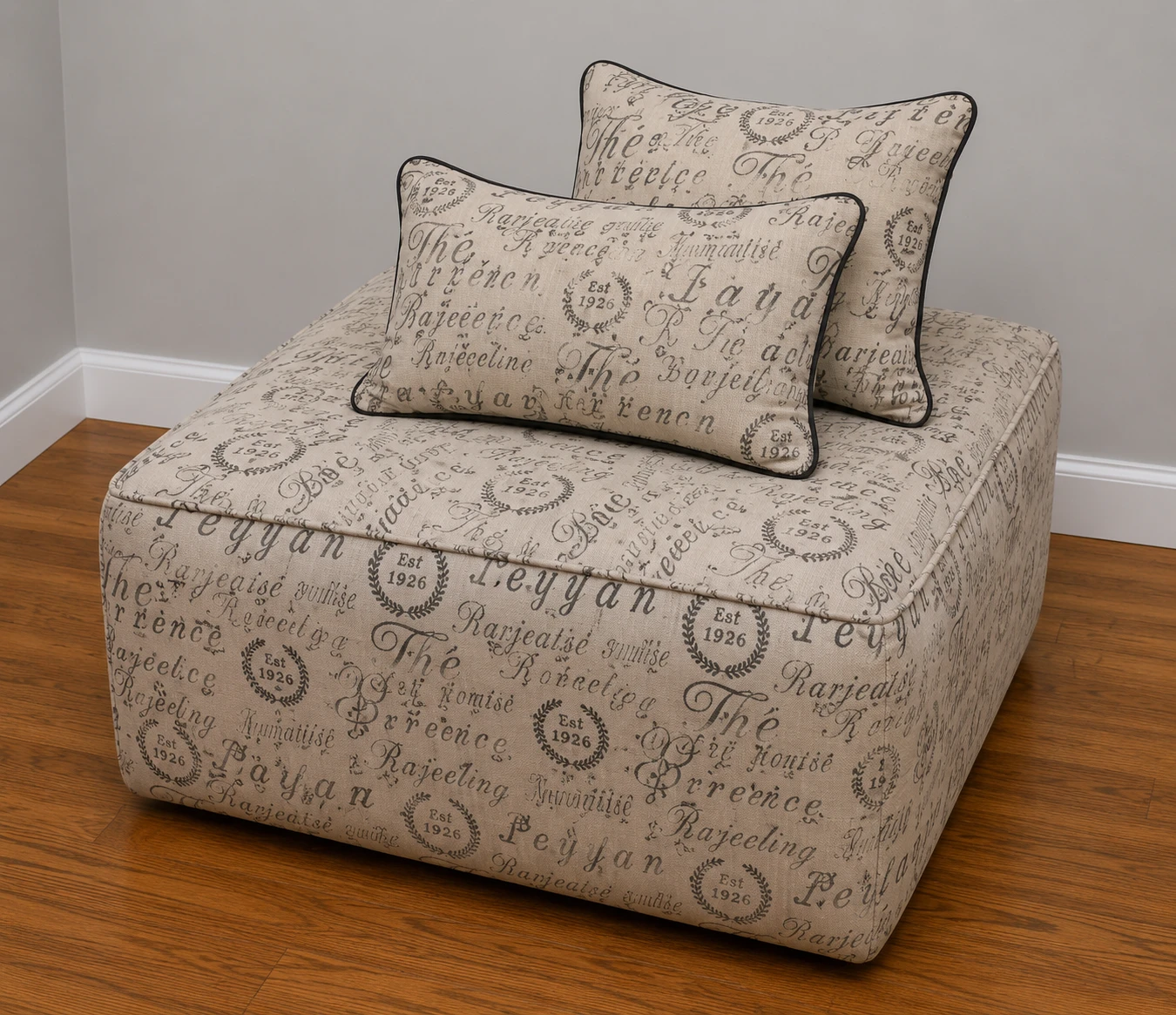 Ottoman and Pillow Set with French Script Design