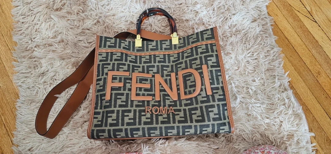 Fendi brown designer-inspired Roma canvas, leather tote bag.
