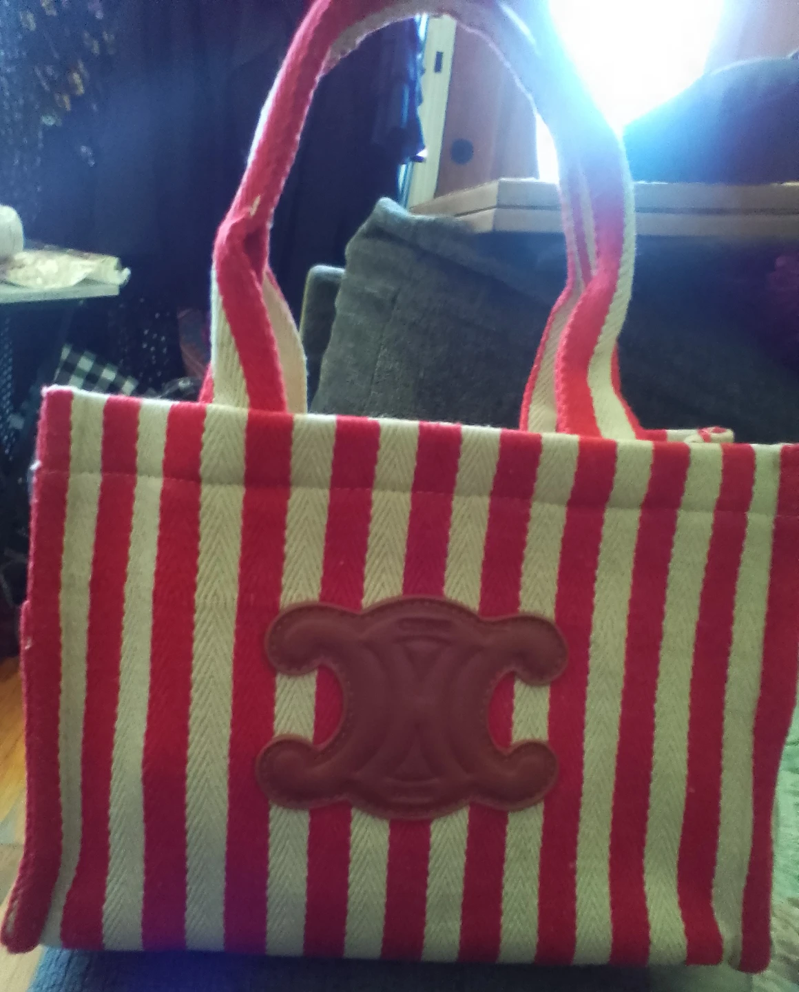 Celine Red and White Striped Tote Bag