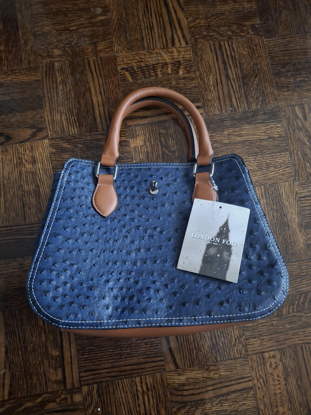 London Fog Blue Faux Ostrich Satchel Purse