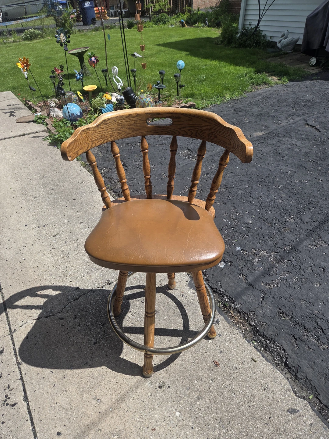 Wooden Bar Stool with Brown Faux Leather Seat