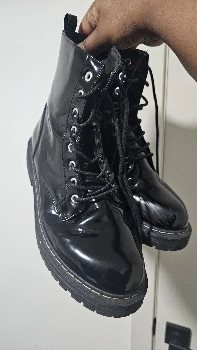 FREE Black Patent Lace-Up Combat Boots - Size 8