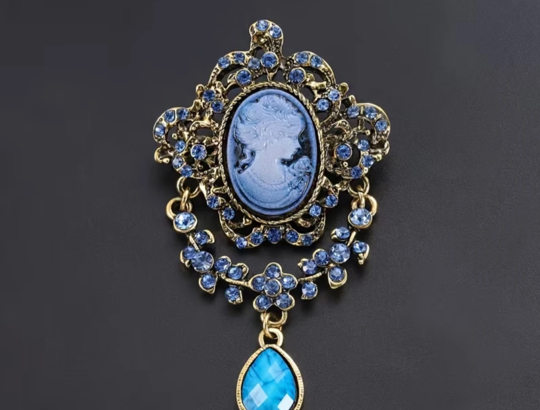 Vintage Style Cameo Brooch with Blue Gemstones