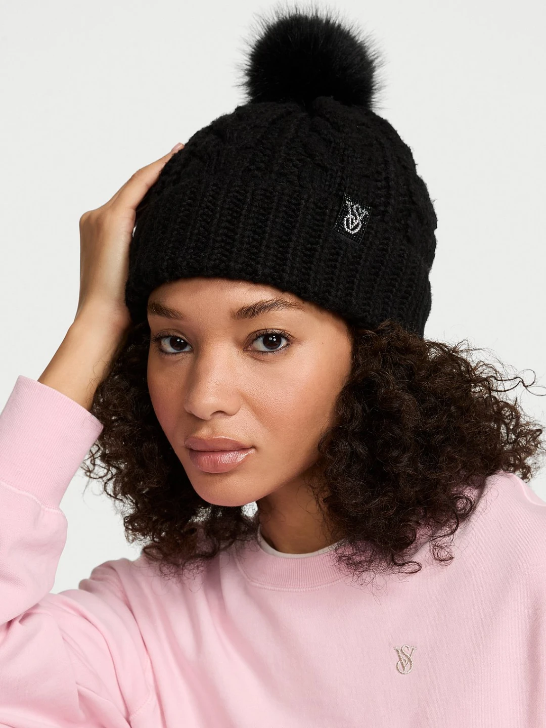 Victoria's Secret Black Cable Knit Pom Pom Beanie Hat One Size