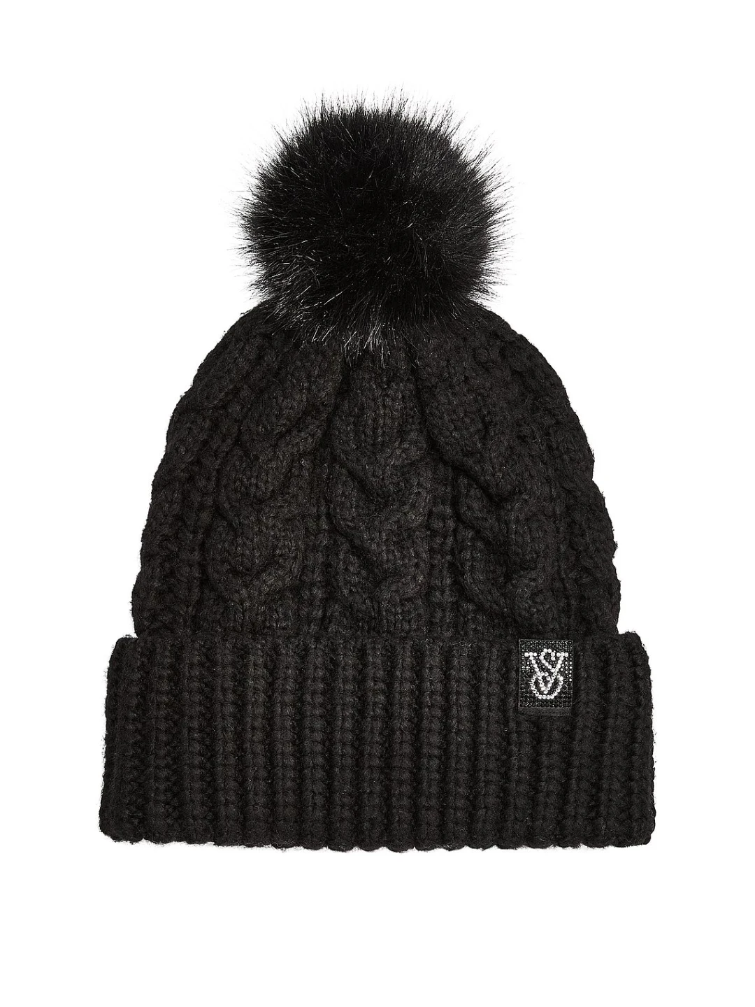 Victoria's Secret Black Cable Knit Pom Pom Beanie Hat One Size - photo 2