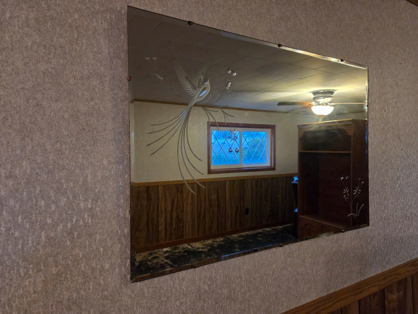 Etched Glass Mirror with Bird Design