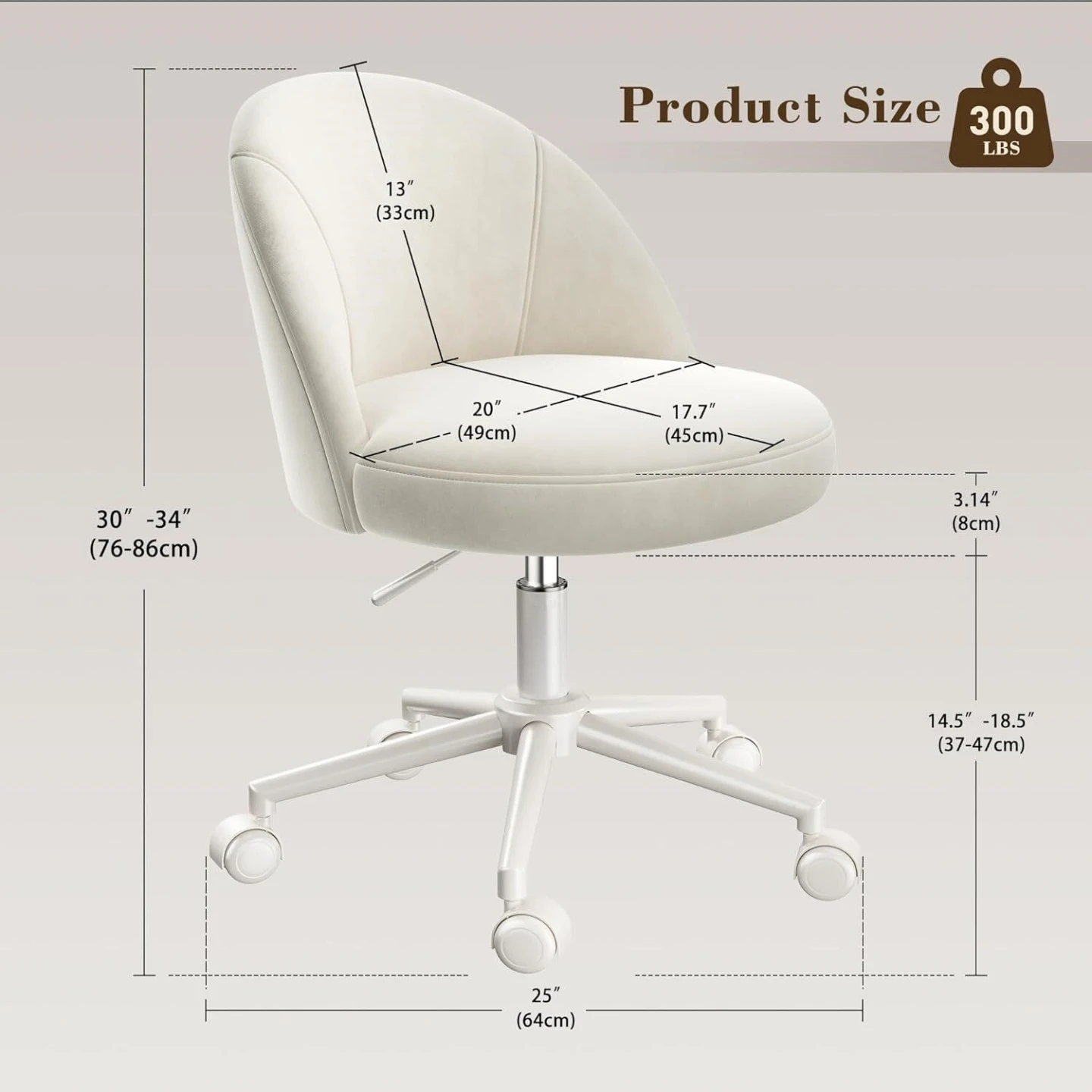 Adjustable Velvet Desk Chair - White