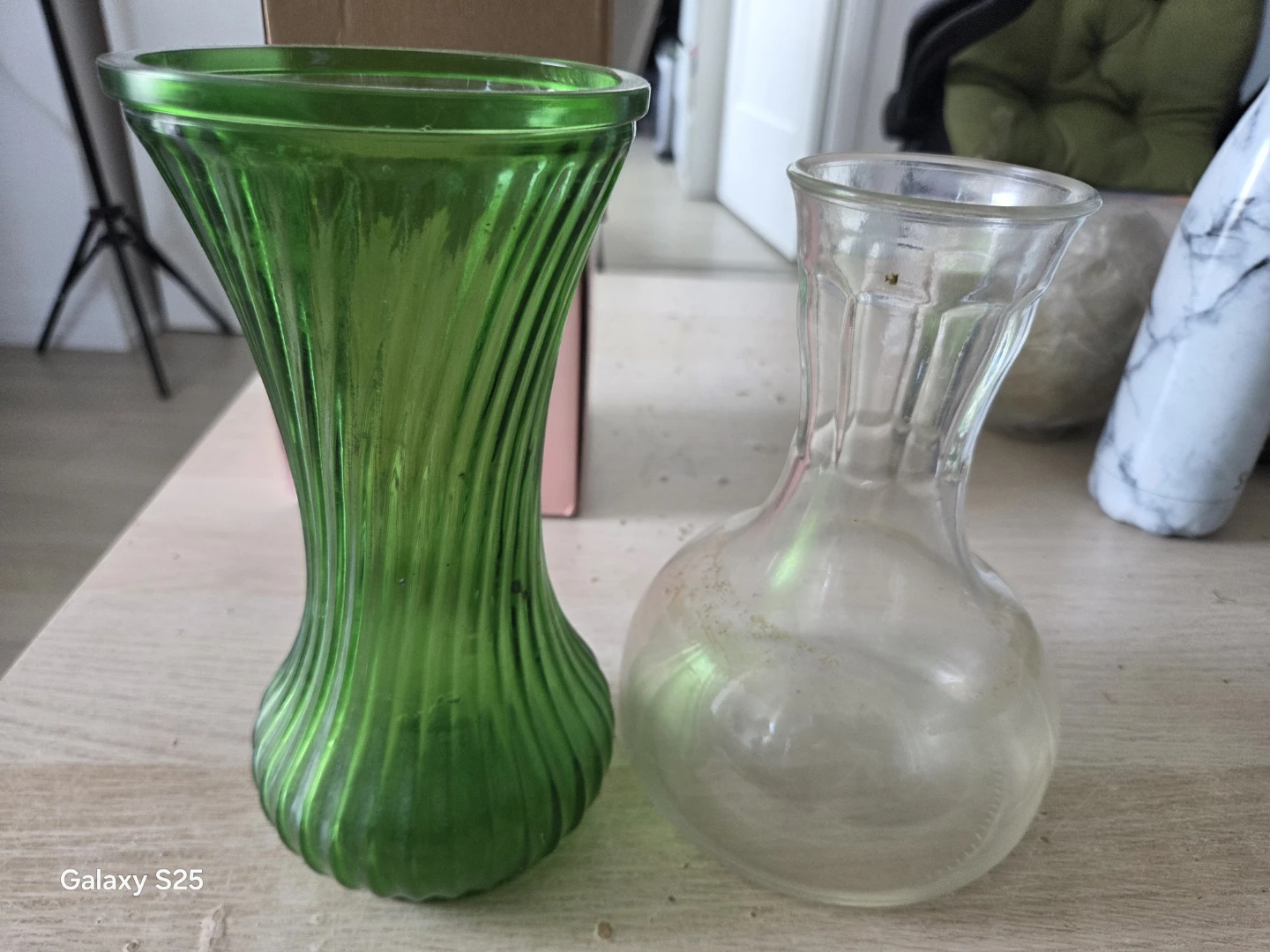 Green and Clear Glass Vases