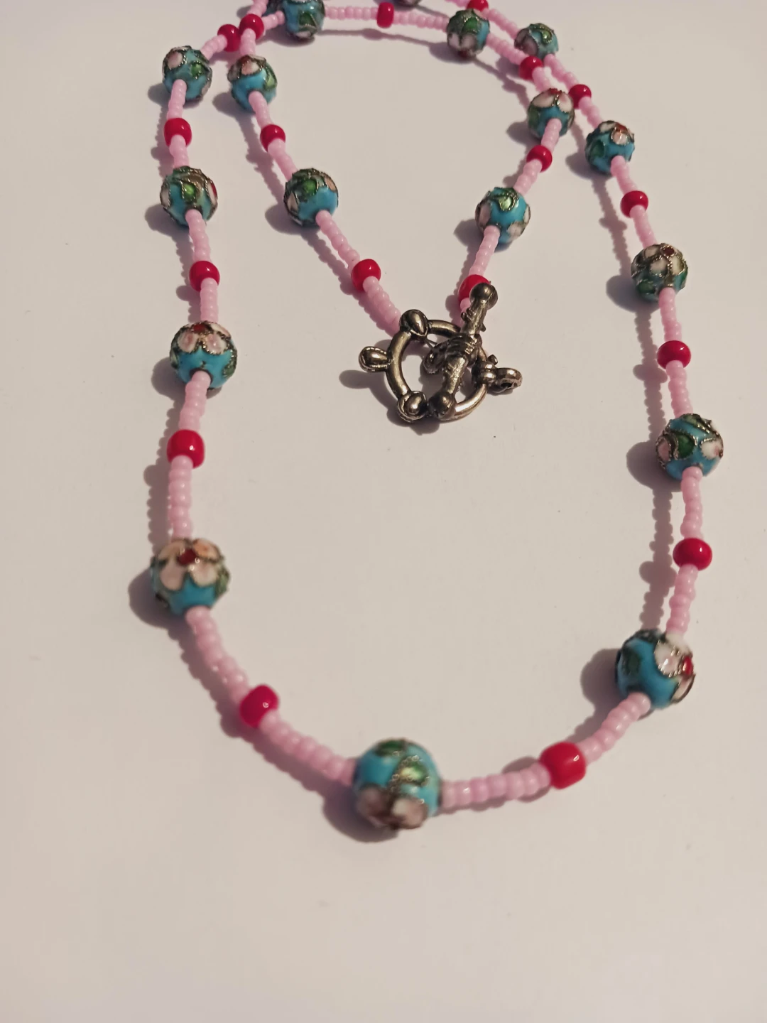 Cute Pink Beaded Necklace with Toggle Clasp