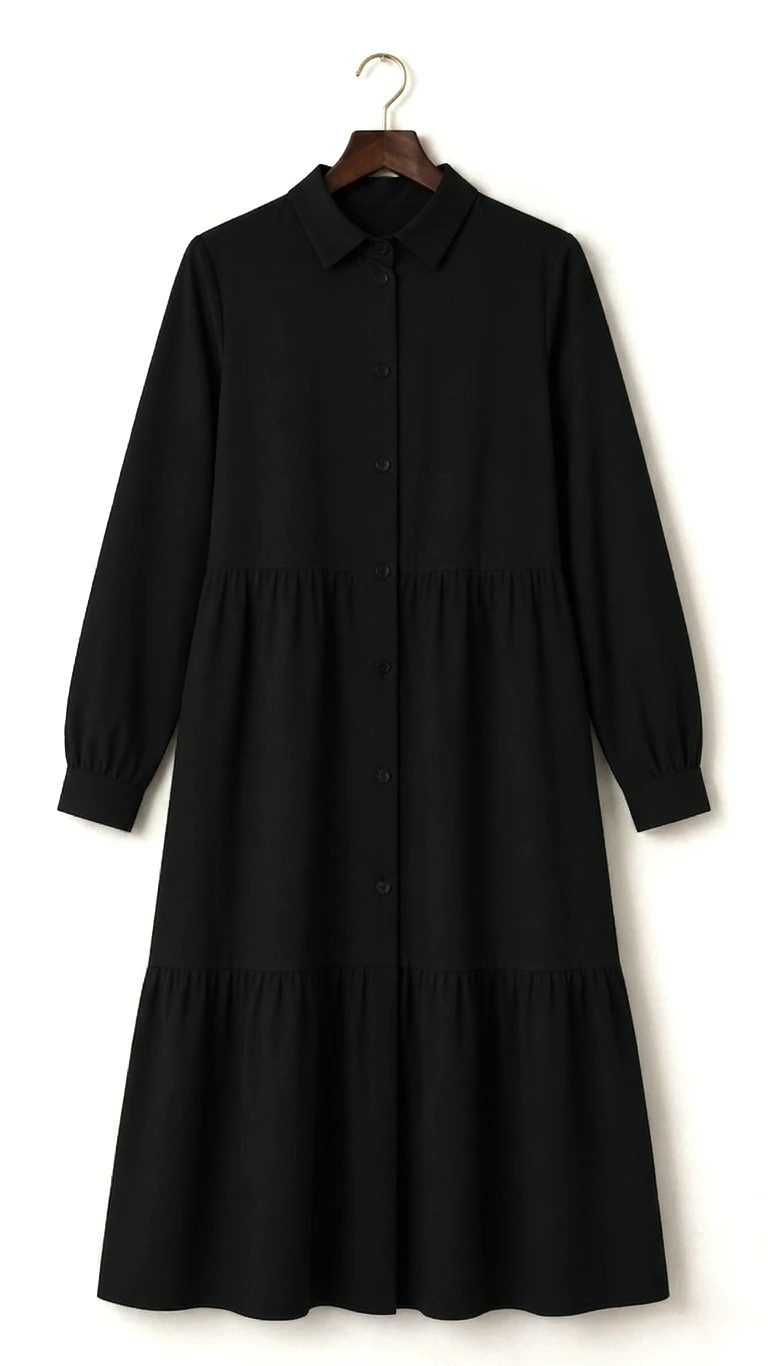 Black Cotton Collared Tiered Midi Dress