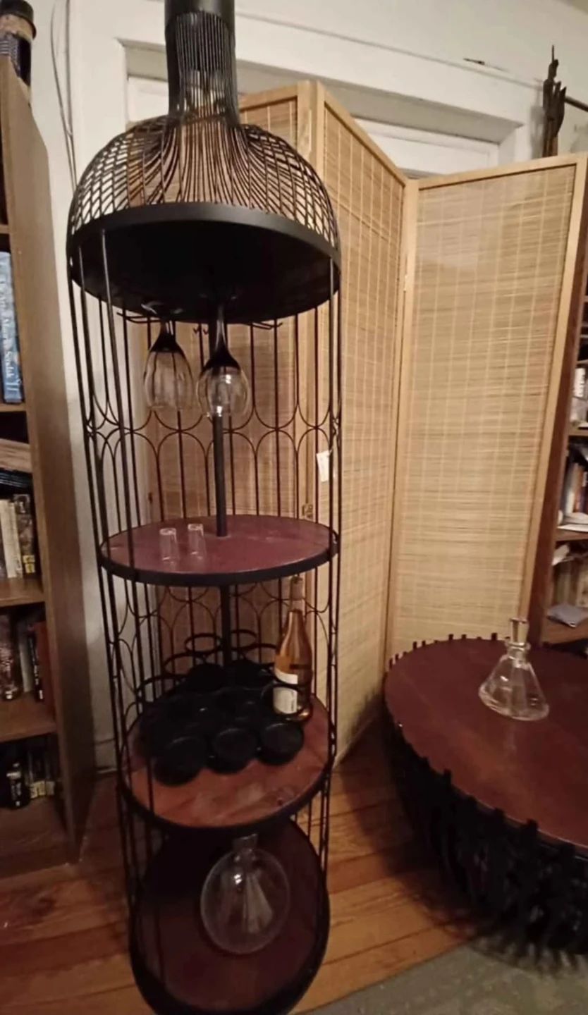 Black Metal Wine Bottle Shaped Bar Cart with Glass Holders