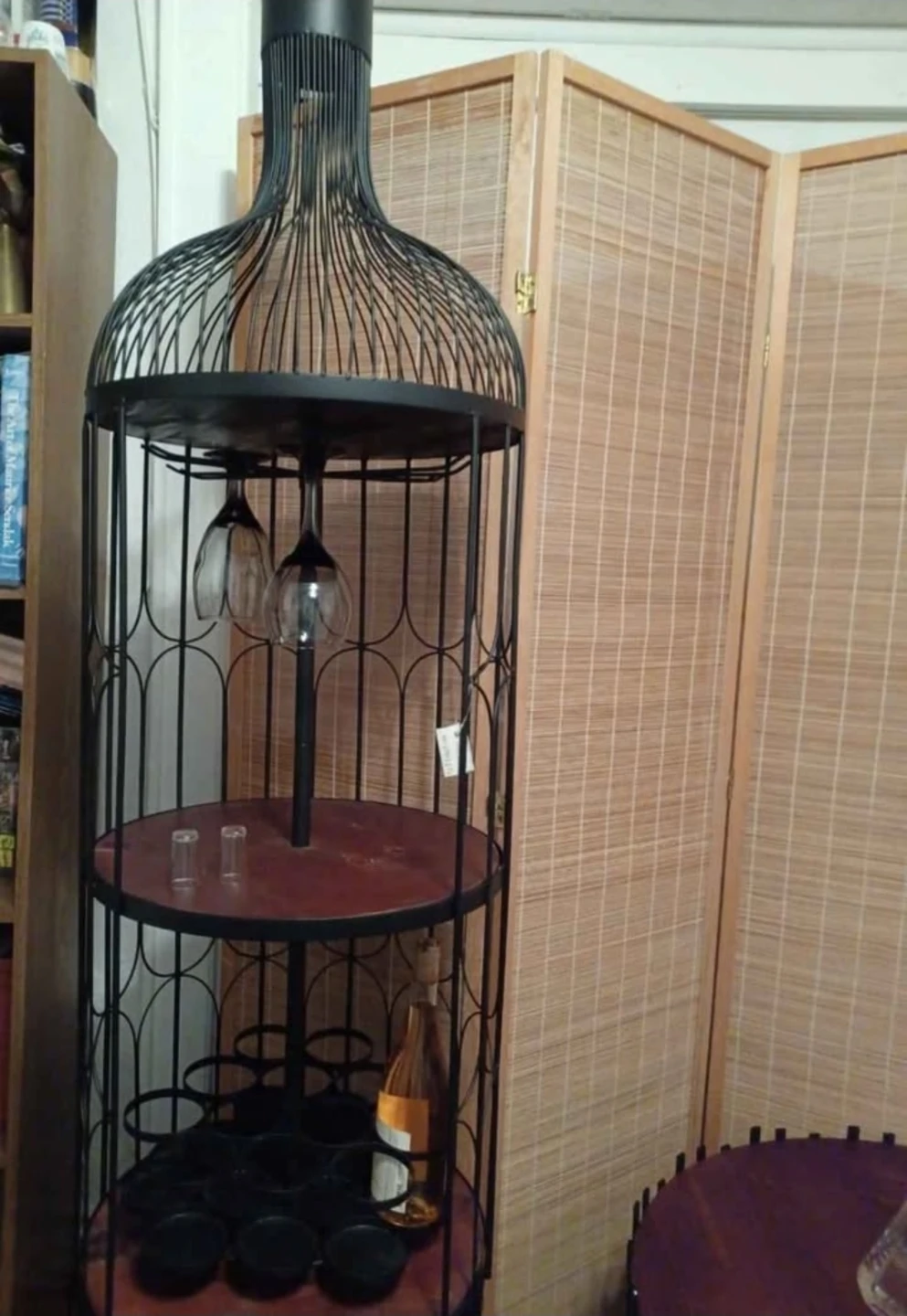 Black Metal Wine Bottle Shaped Bar Cart with Glass Holders - photo 2