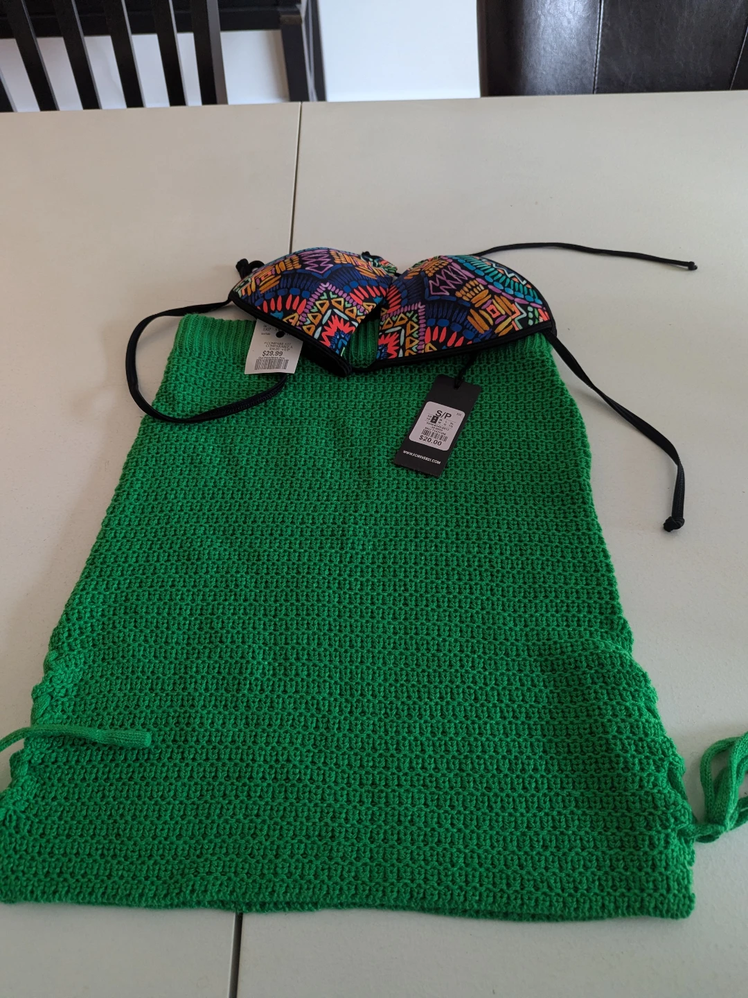 Forever 21 Bikini Top and Green Crochet Skirt Set