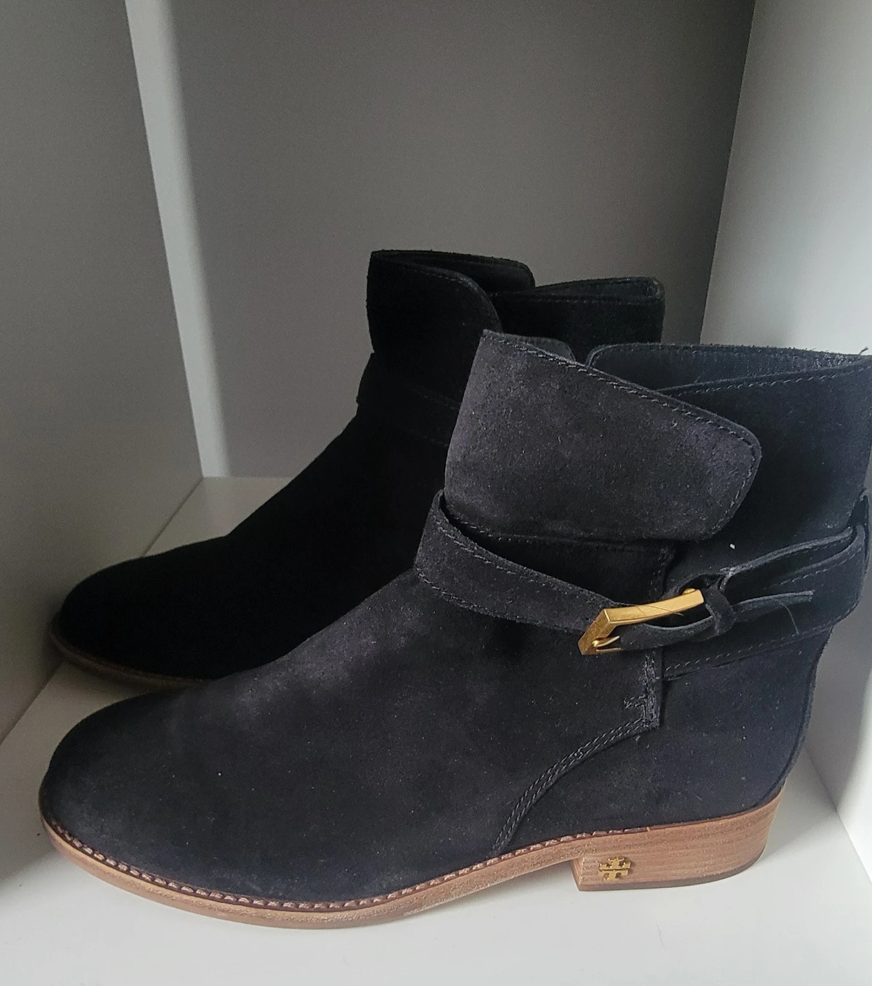 Tory Burch Black Suede Ankle Boots with Buckle Detail