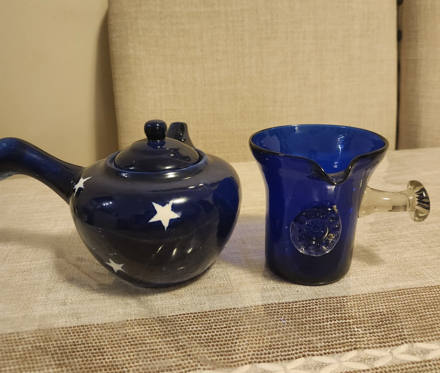 Blue Ceramic Teapot with White Stars and Blue Glass Creamer