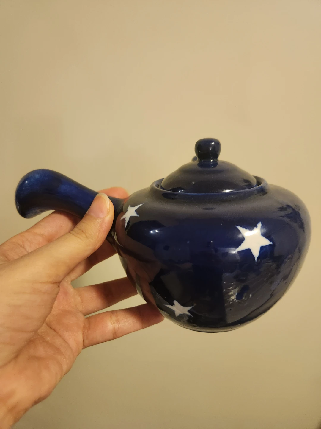 Blue Ceramic Teapot with White Stars and Blue Glass Creamer - photo 3