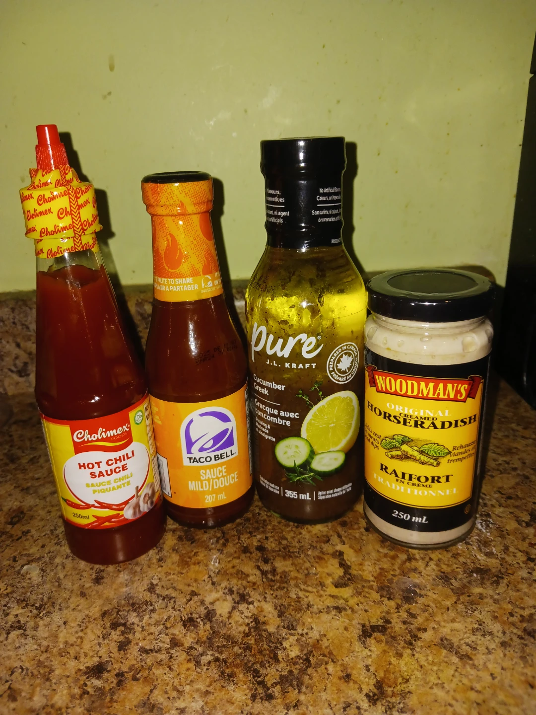 Hot Chili, Taco Bell, Kraft Dressing, Woodman's Horseradish