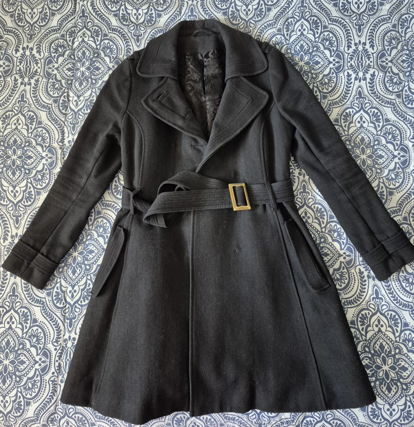 Black Wool Blend Belted Coat