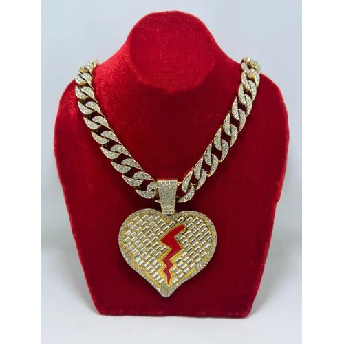 Gold Tone Broken Heart Pendant Necklace with Rhinestones - photo 2