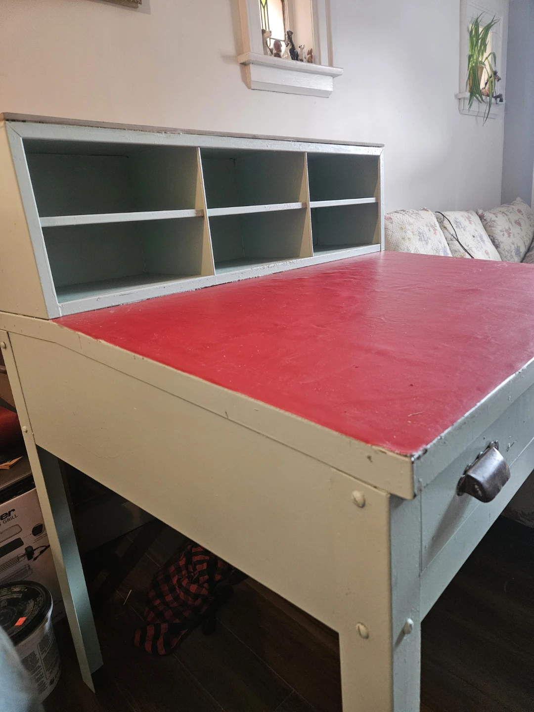 Vintage Desk with Shelves and Red Top