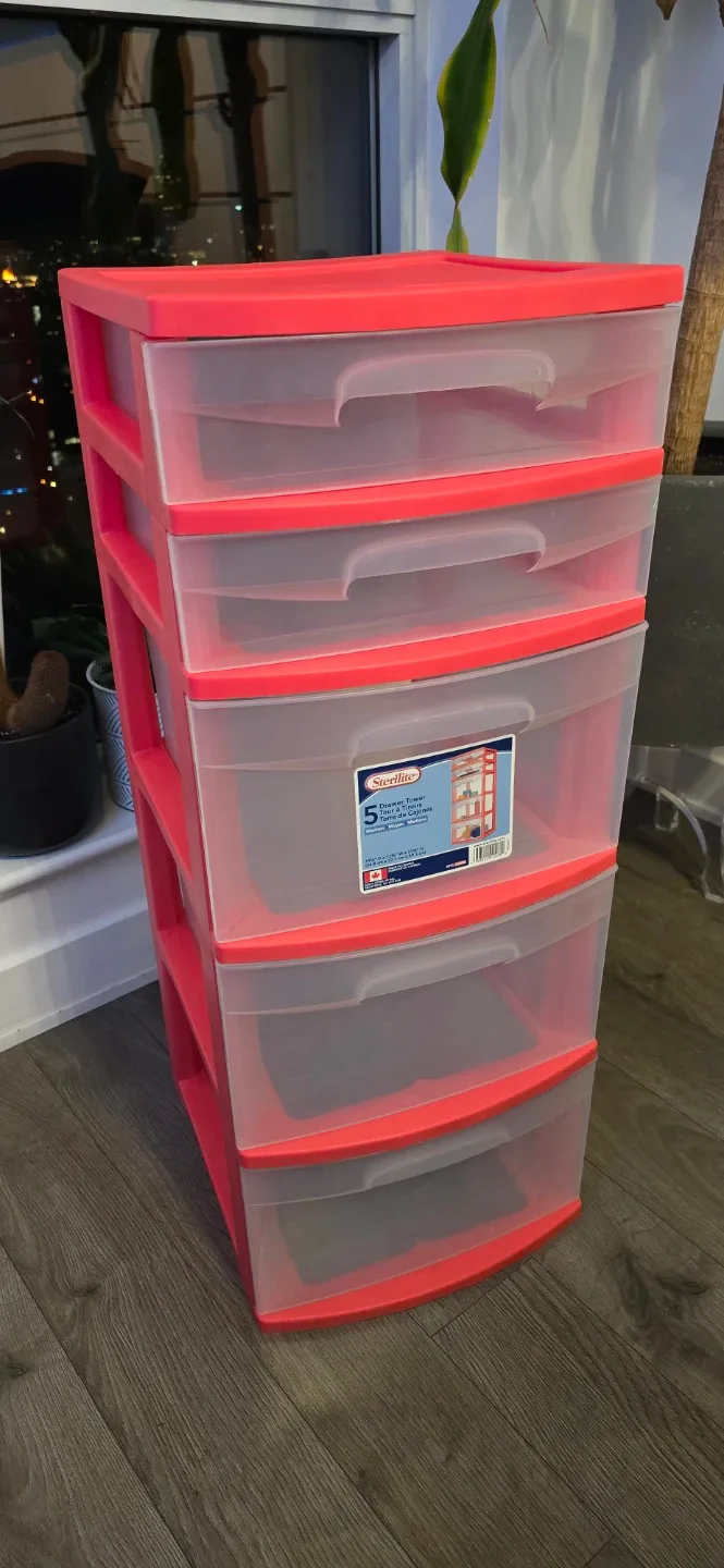 Sterilite 5 Drawer Storage Tower - Red/Clear