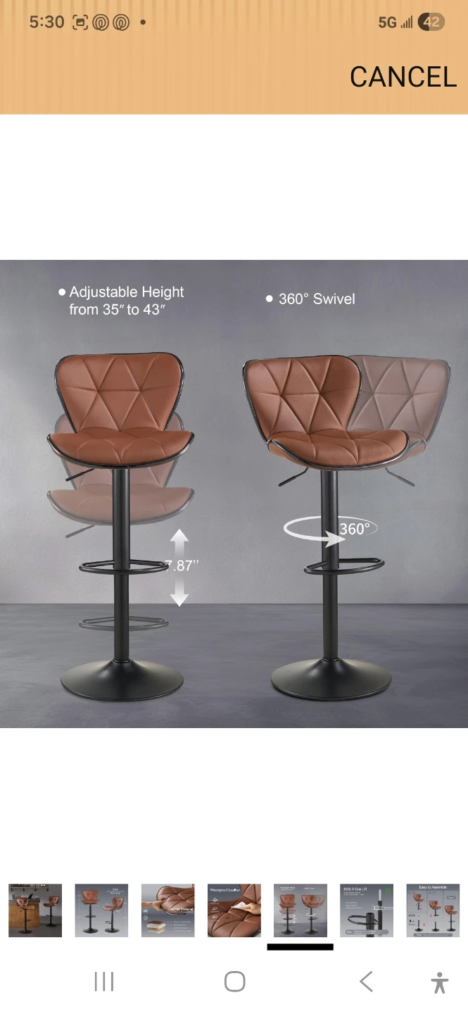 2 Adjustable Swivel Bar Stool - Brown Faux Leather - photo 3