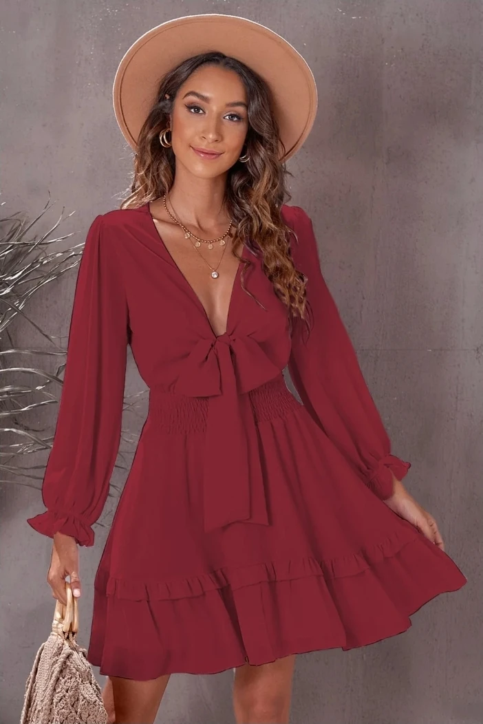 Women's Red Long Sleeve Tie-Front Ruffle Dress - photo 2