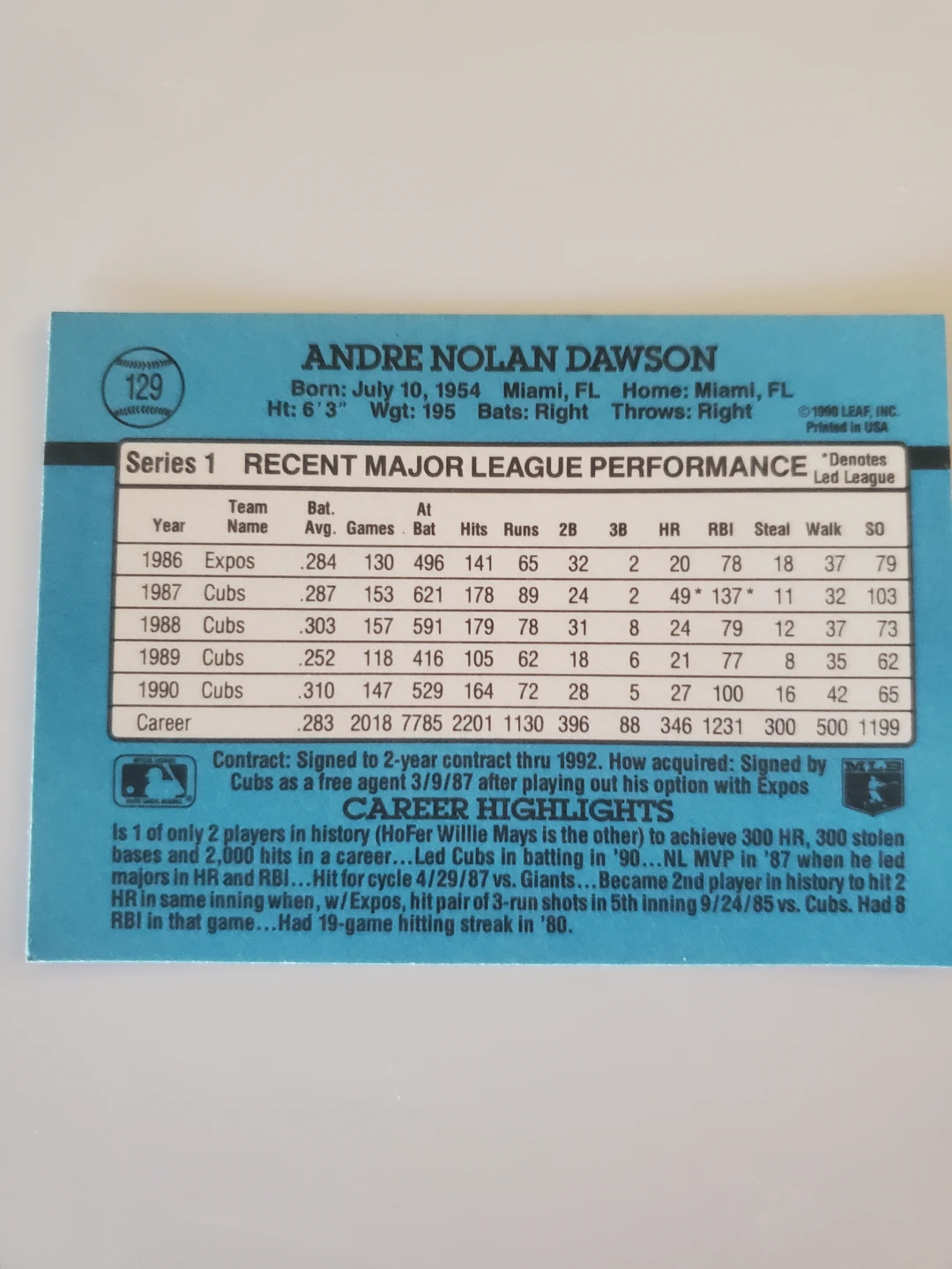 1991 Donruss Andre Dawson Chicago Cubs Baseball Card - photo 2