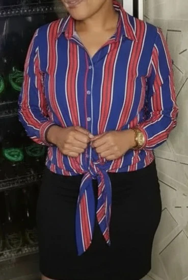 🌱 Blue, Red, and White Striped Button-Up Shirt with Tie Waist
