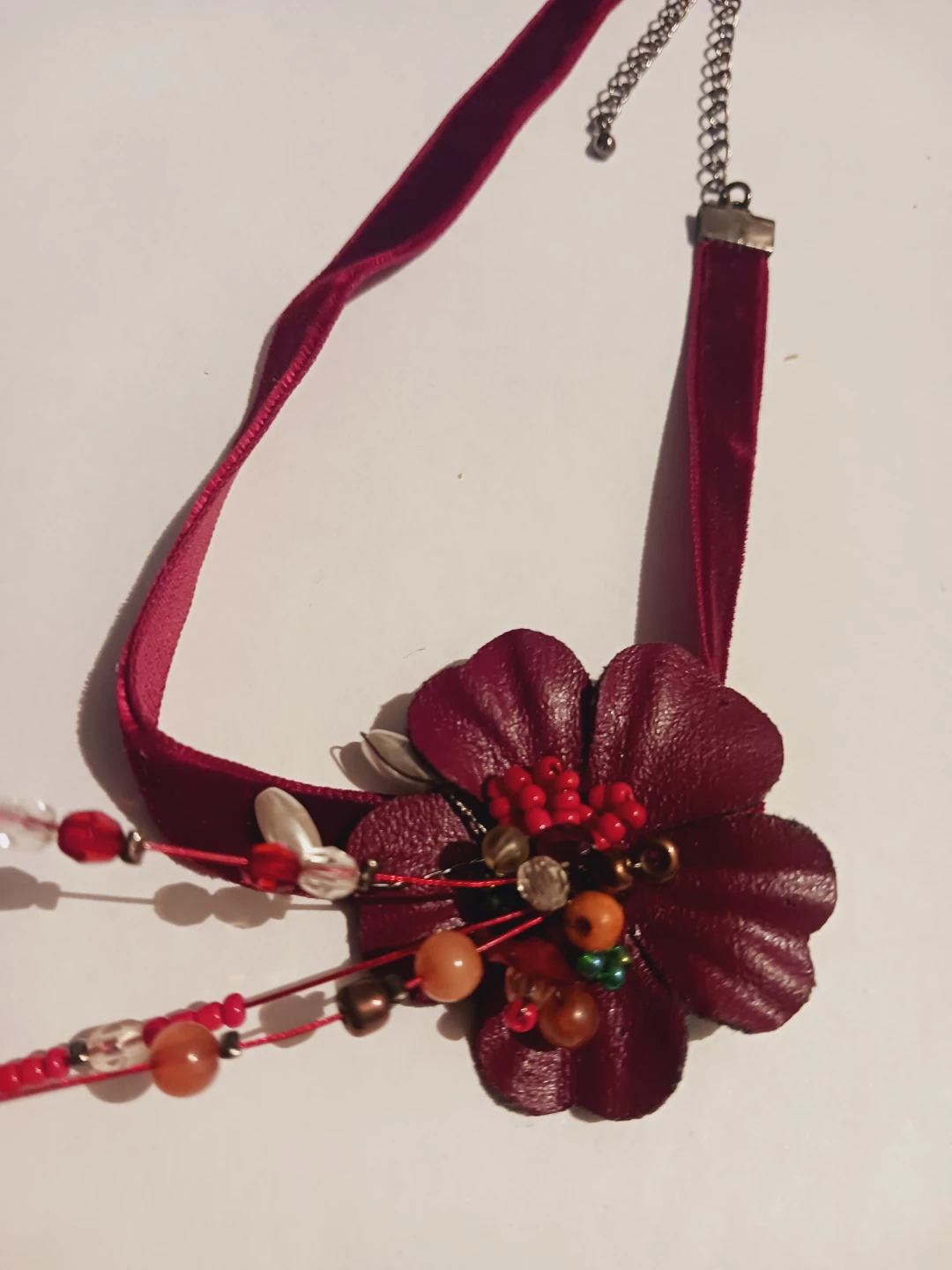 Burgundy Flower with Pearls Red Velvet Choker Necklace