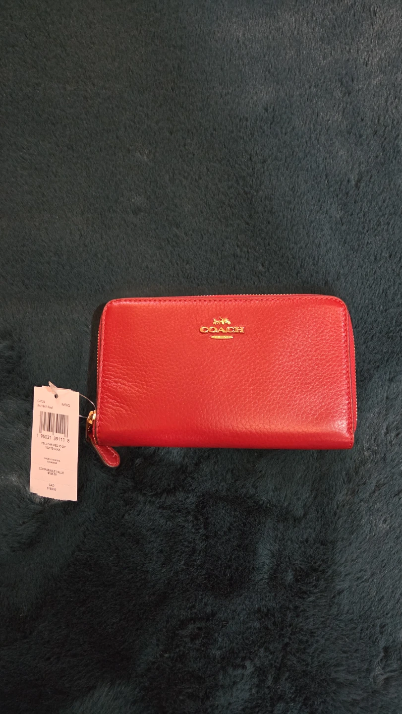 Coach Pebble Leather Medium Zip Wallet - Red