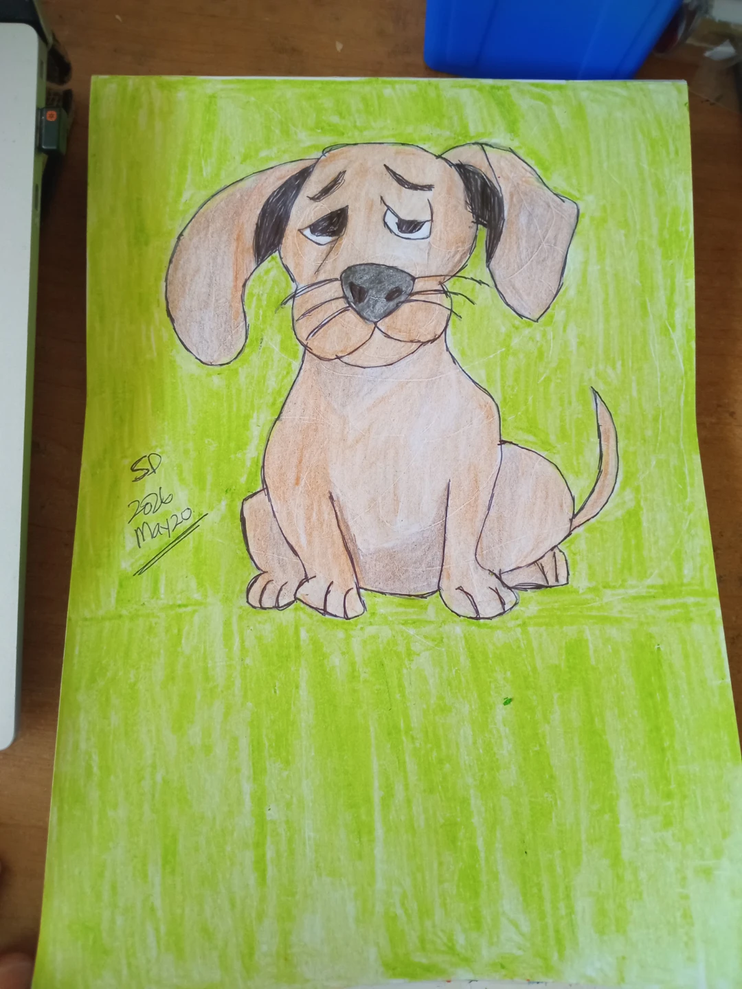 BROWN PUPPY WITH GREEN CRAYON BACKGROUND - photo 2