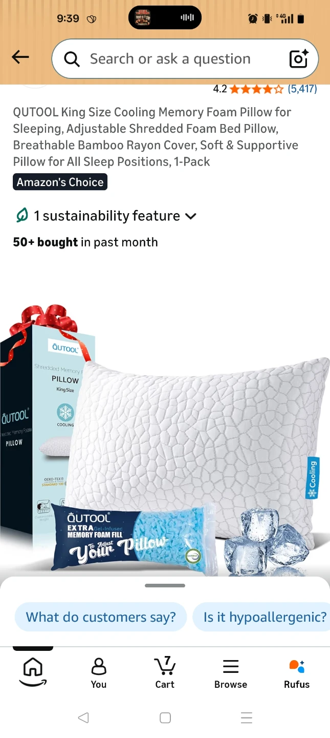 Qutool King Size Cooling Memory Foam Pillow